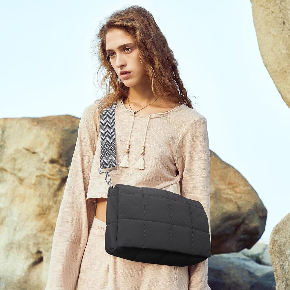 Women's Black Lightweight Cotton Padded Imported Puffer Shoulder Bag - Picture 3 of 7